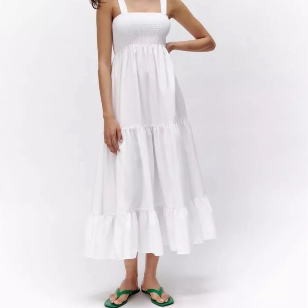Zara smocked Poplin Midi dress - WHITE
